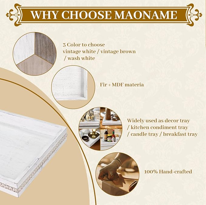 MAONAME Wood Serving Tray, Farmhouse Wooden Tray for Coffee Table, Rustic Rectangle Trays with Beads, Vintage White Decorative Trays for Living Room, Kitchen, 15.7" X 11.8" X 1.57"