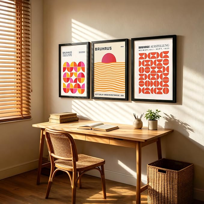 LIANGKESU Black Framed Bauhaus Wall Art Set of 3 16x24 Inch Mid Century Modern Orange Pink Geometric Canvas Prints Minimalist Retro Sunset Artwork for Living Room Bedroom Office Decor