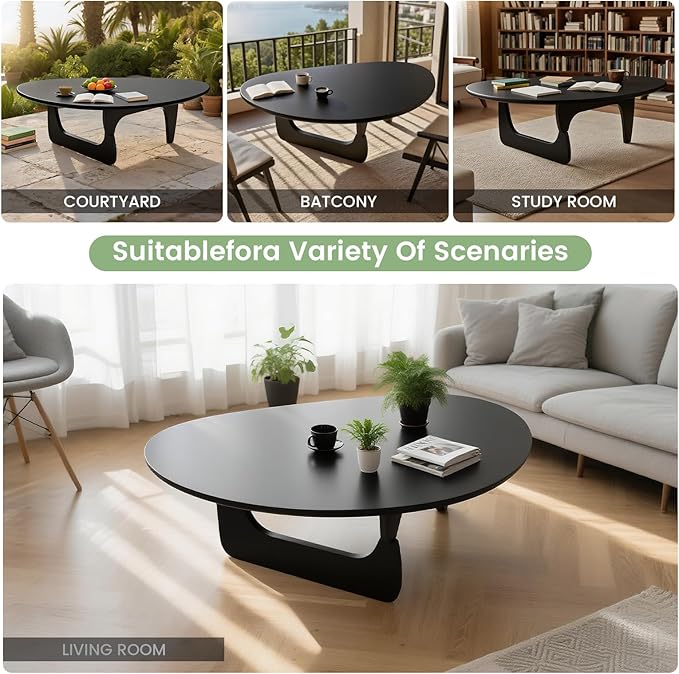 Solid Wooden Modern Triangle Coffee Table: Unique Funky Coffee Tables for Living Room, Oval Mid-Century Irregular Abstract Tea Tables for Patio Office Balcony Bedroom (Black, 43" L x 31" W x 16" H)