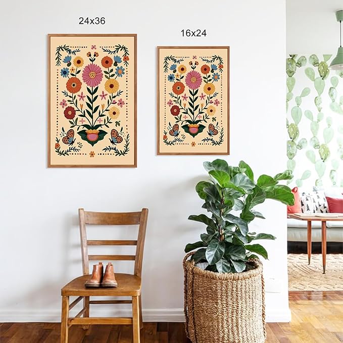 HLNIUC Vintage Flower Framed Canvas Wall Art,Colorful Desert Cactus Flowers Wall Decor Set of 3(24”x36”) Botanical Floral Butterfly Wall Painting,Large Desert Plant Art Print for Living Room,Office