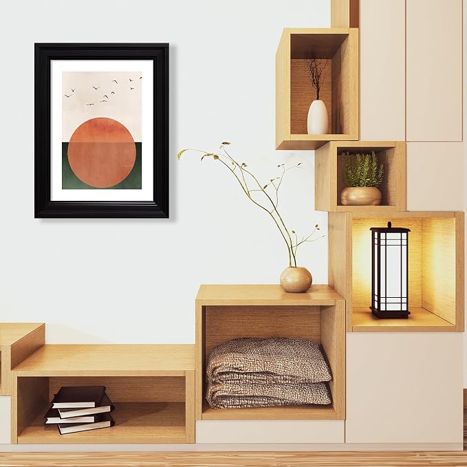 Vintage Framed Japanese Minimalist Sunset With Bird Wall Art Nature Geometric Abstract Poster Modern Mid Century Eclectic Canvas Prints for Living Room Gallery Home Decor 20x30 inch