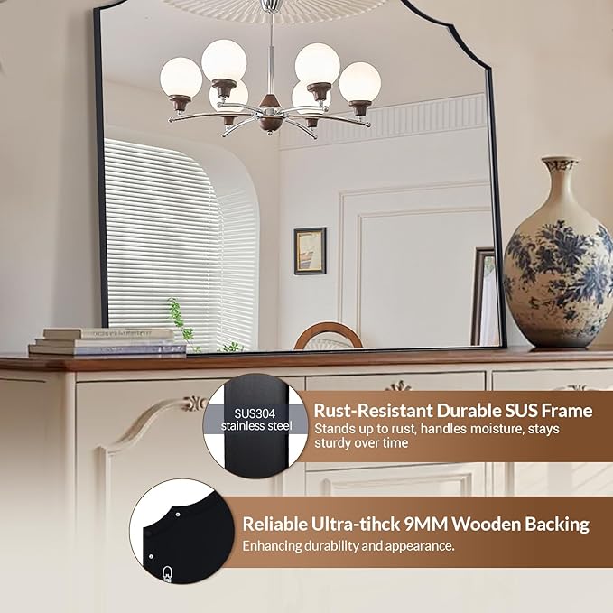 ANDY STAR Scalloped Arched Mirror, 36x26 Inch Black Mantle Mirror with Stainless Steel Metal Frame, Modern Wall Mirrors for Bathroom, Bedroom, Fireplace, Living Room, Entryway Hangs Vertically