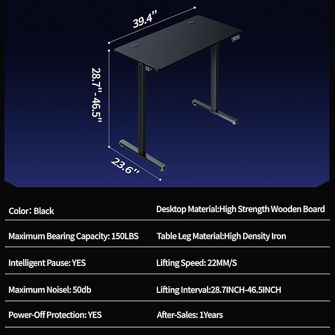 Shintenchi Standing Desk, Height Adjustable Electric Sit Stand up Desk, Ergonomic Rising Computer Table, 40x24 Inch Modern Lift Gaming Desk Workstation for Home Office, Black