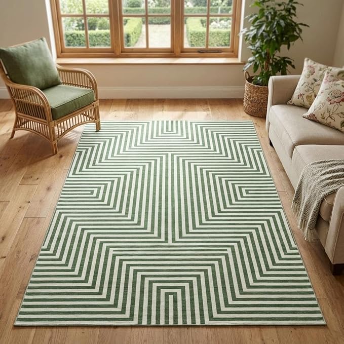 5x7 Washable Area Rugs for Living Room Modern Geometric Rug Non Slip Abstract Lines Soft Bedroom Carpet Low Pile Floor Mats for Bedroom Dining Home Office, Green