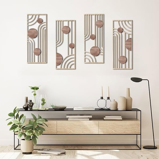 COLOR VALLEYART Set of 3 Modern Wood Wall Art Panels, Boho Geometric Design, 11.4 x 7 inches, Indoor Decor for Living Room, Office (6.2L''x15.7W''*4Pcs)