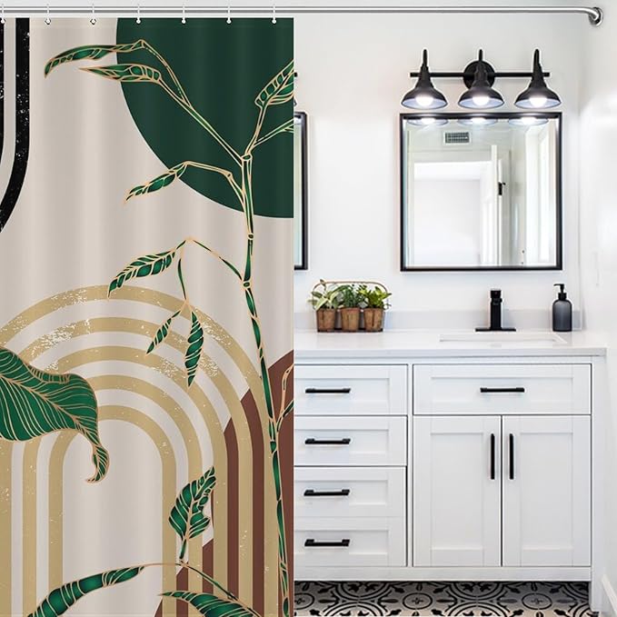 Green Boho Shower Curtain,Retro Abstract Mid Century Minimalist Tropical Modern Bathroom Curtain Polyester Waterproof Fabric Decor 72x72in（183x183cm）