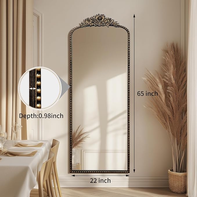 Full-Length Baroque Style Vintage Mirror, 65"L x 22"W, Wall-Mounted, Antique Black Iron Frame, Thick 4MM Glass, Explosion-Proof, Living Room, Bedroom, Entryway
