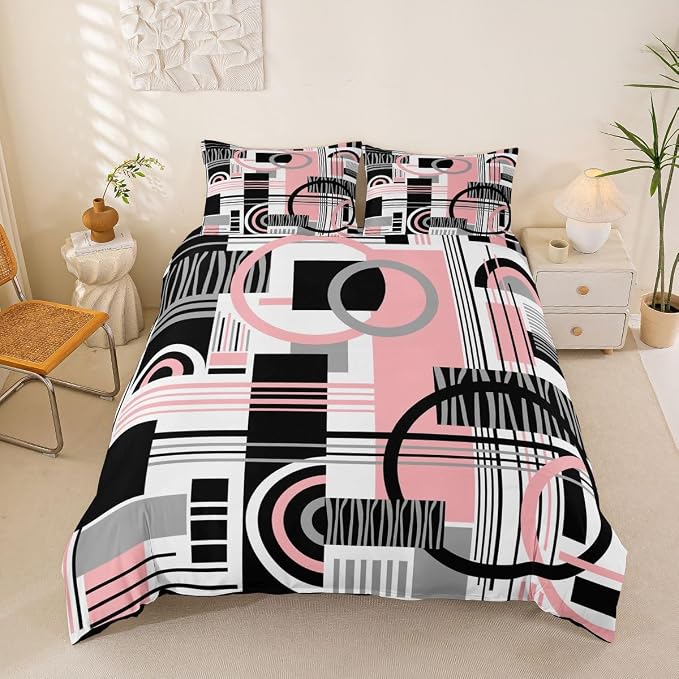 Erosebridal Art Deco Mid Century Duvet Cover Set Retro Modern Abstract Geometric Queen Bedding Set for Child Boys Black and White Pink Circles Stripes Comforter Cover Contemporary Bed Sets