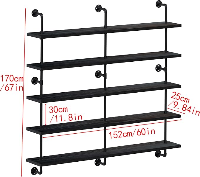 HDDFER Floating Shelves for Wall Bookshelf Industrial Pipe Shelving Shelves 60 Inch 5 Tier Natural Wood Planks Rustic Wall Shelves Hanging Bookshelves Farmhouse Kitchen Shelving