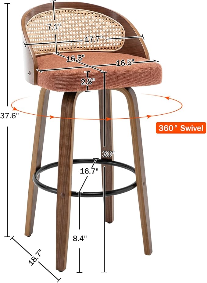 30" Swivel Rattan Bar Stools Set of 2,Mid-Century Modern Orange Linen Fabric Upholstered Counter Height Stools,Kitchen Island Barstools with Rattan Low Backrest,Walnut Wood Finish Bar Chair
