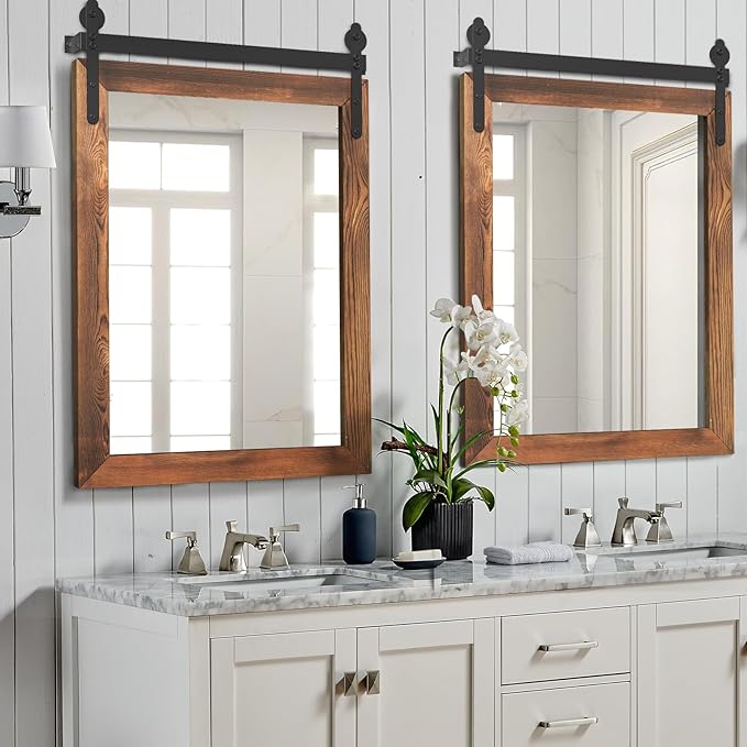 YOSHOOT Farmhouse Barn Door Wall Mirror, 32"x24", Rustic Wood Framed, Vintage Style, for Bathroom/Living Room/Entryway, Brown, Vertical Hanging ONLY