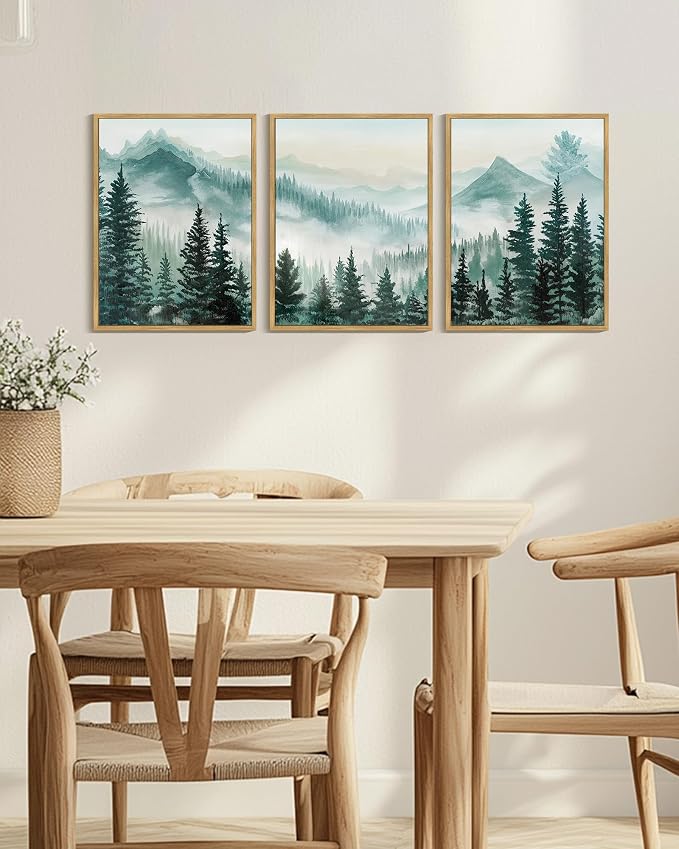 KUVIOKE Fog Pine Tree Mountain Landscape Framed Wall Art Watercolor Nature Misty Forest Painting Vintage Farmhouse Rustic Wall Decor for Bedroom Hallway 12x16in (Natural Framed)