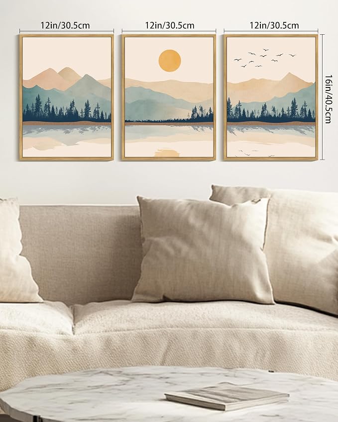 KUVIOKE Mountain Landscape Framed Canvas Wall Art Watercolor Nature Laker Painting Sun Rises Boho Farmhouse Rustic Room Decor for Bedroom Dining Room 12x16in (Natural Framed)