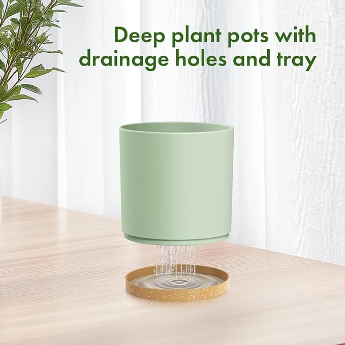 Meowell 8/7/6 inch Plant Pots, 3 Pack Cylinder Flower Pots for Outdoor Indoor Plants, Decorative Plastic Planters with Drainage Holes and Saucers for Garden House Plants, Green with Brown