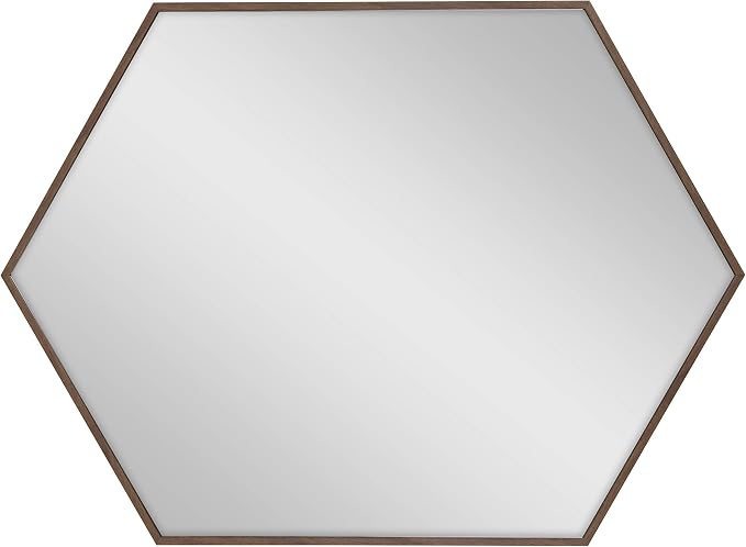 Kate and Laurel Rhodes Mid-Century Modern Hexagon Wall Mirror, Walnut Brown, 31x22-Inches