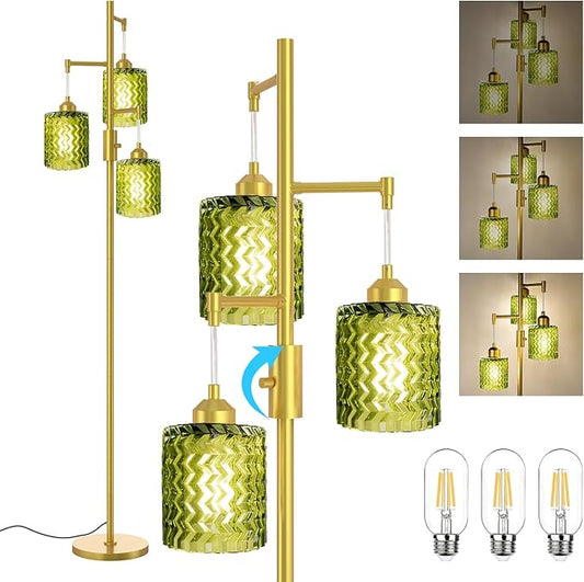 Brass Floor Lamp for Living Room, Vintage 3-Light Green Glass Standing Lamp, Brass Base Mid Century Modern, Retro Tree Design Tall Floor Lamp