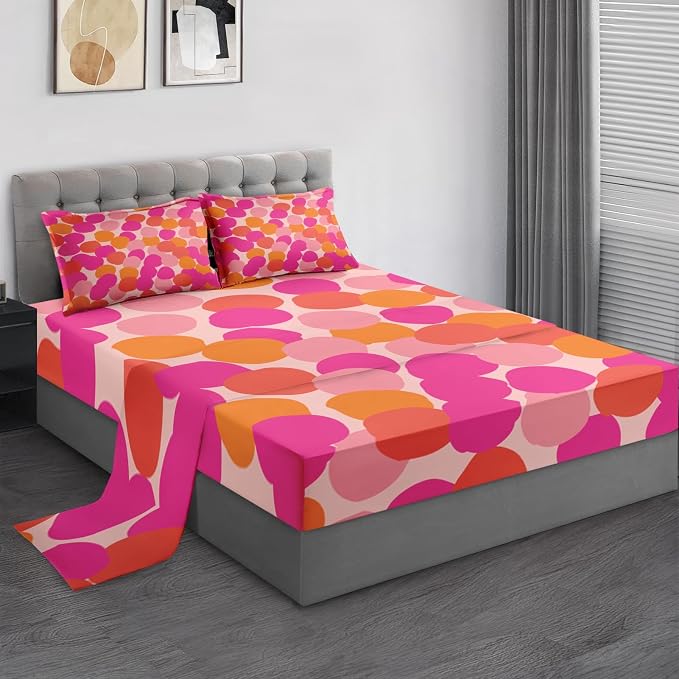 Pamnest Full Size Bed Sheet Sets, Pink Orange Colorful Soft Microfiber 4 Pcs Bedding Sets for Kids and Adults Bedroom Bed Decor, Geometric Abstract Dots Flat, Fitted Sheet and 2 Pillowcases