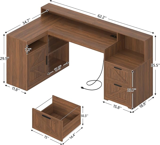 TVU Farmhouse L Shaped Desk with Drawers, 62.2" Home Office Desk with Storage Shelves and Power Outlet, L Shaped Computer Desk with Monitor Stand and Printer Shelf, Brown