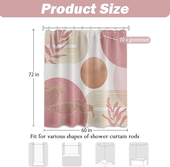 Blush Pink Shower Curtain Light Pink and White Shower Curtains for Bathroom Decor Abstract MCM Bath Curtain Set, Waterproof Fabric with Hooks 60 x 72 Inch