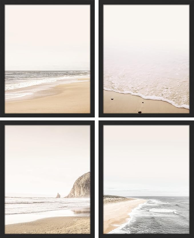 SIGNWIN Framed White Minimalist Ocean Beach Seashore Scenic Wall Art, Set of 4 Landscape Colorful Wall Decor Prints, Nature Wilderness Wall Décor for Living Room, Bedroom - 12"x16" Black