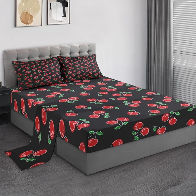 Pamnest Full Size Bed Sheet Sets, Red Black Cherry Fruit Soft Microfiber 4 Pcs Bedding Sets for Kids and Adults Bedroom Bed Decor, Retro Leaf Summer Flat, Fitted Sheet and 2 Pillowcases
