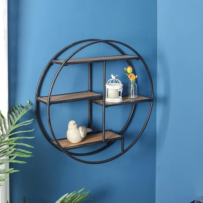 Industrial Style Round Wall Shelves, 3 Tier Decorative Floating Ledge Shelves, Wall Mounted Metal Bracket Wooden Display Hanging Shelf