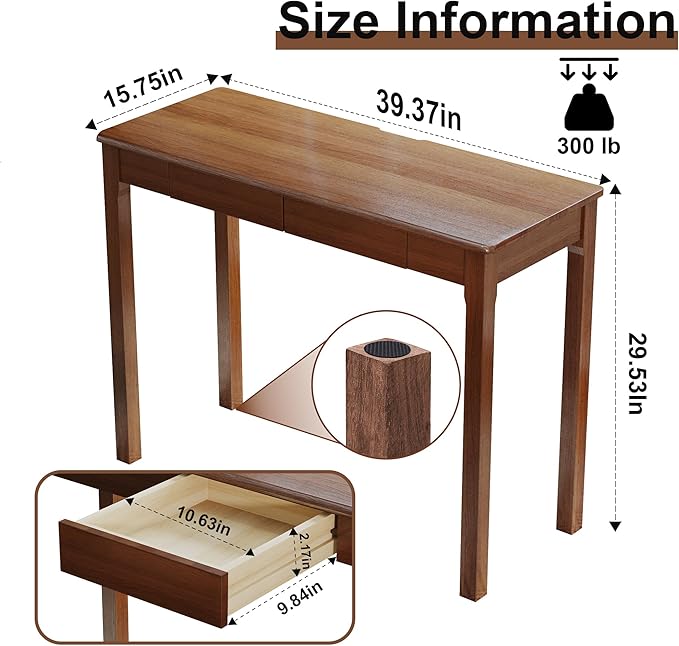 Wood Desk with Drawers - Solid Wood Mid Century Modern Desks for Bedroom, Small Computer Desk for PC, Laptop, Study, Makeup, 39.4 W x 29.5 H x 15.75 D in, Walnut Color