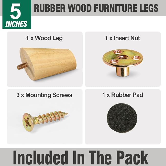 FoDau770 Rubber Wood Furniture Legs 5 Inches, 5/16" UNC Slant Tapered Wood Feet Mid Century Sofa Legs, Wooden Furniture Feet Replacement Parts for Cabinet Couch Dresser Chair Ottoman Table