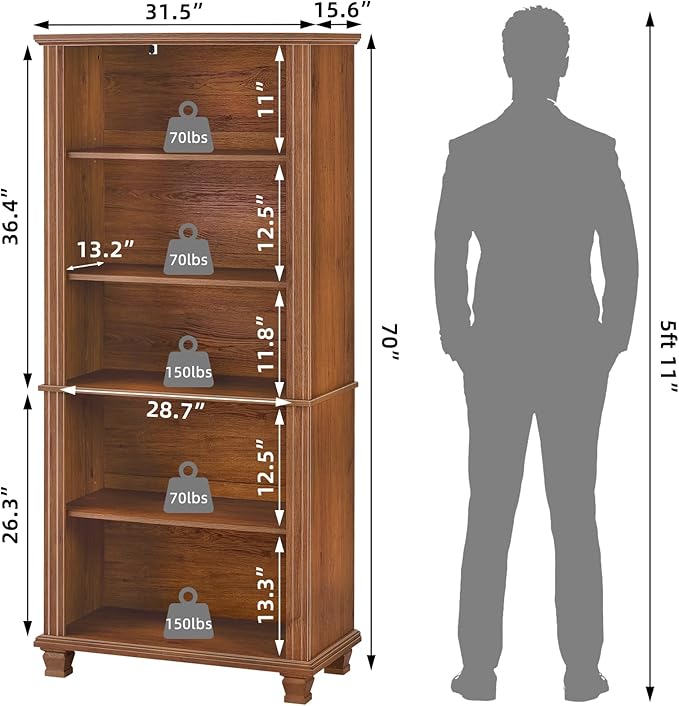 SAVOR LIFE 70" Tall Brown Bookshelf,5 Tier Wooden Book Shelf with Adjustable Shelves & Wood Legs,Free Standing Farmhouse Bookcase with Open Display Storage,Vintage Bookshelves for Classroom, 3PCS