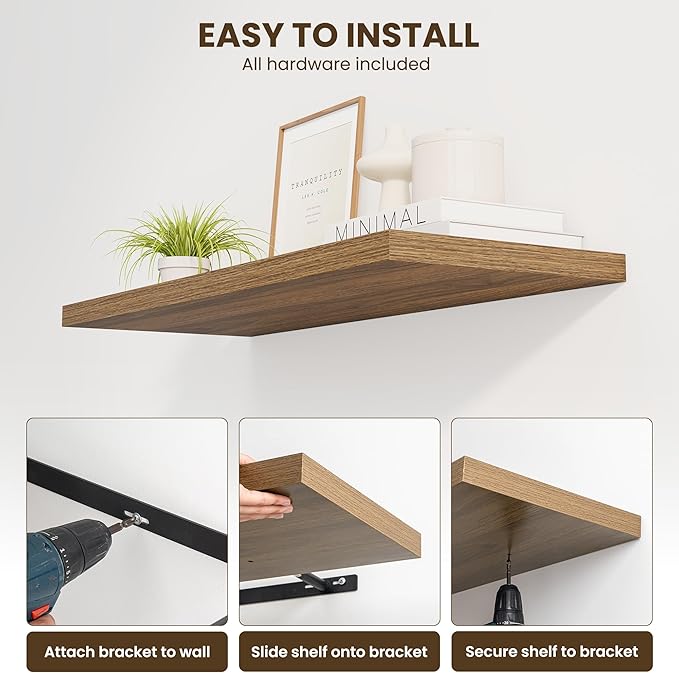Dreamland 30" Floating Shelves for Wall, 12" Deep Slim Walnut Floating Shelves, Wall-Mounted Shelves for Bedroom, Living Room, Kitchen, Bathroom - Set of 2