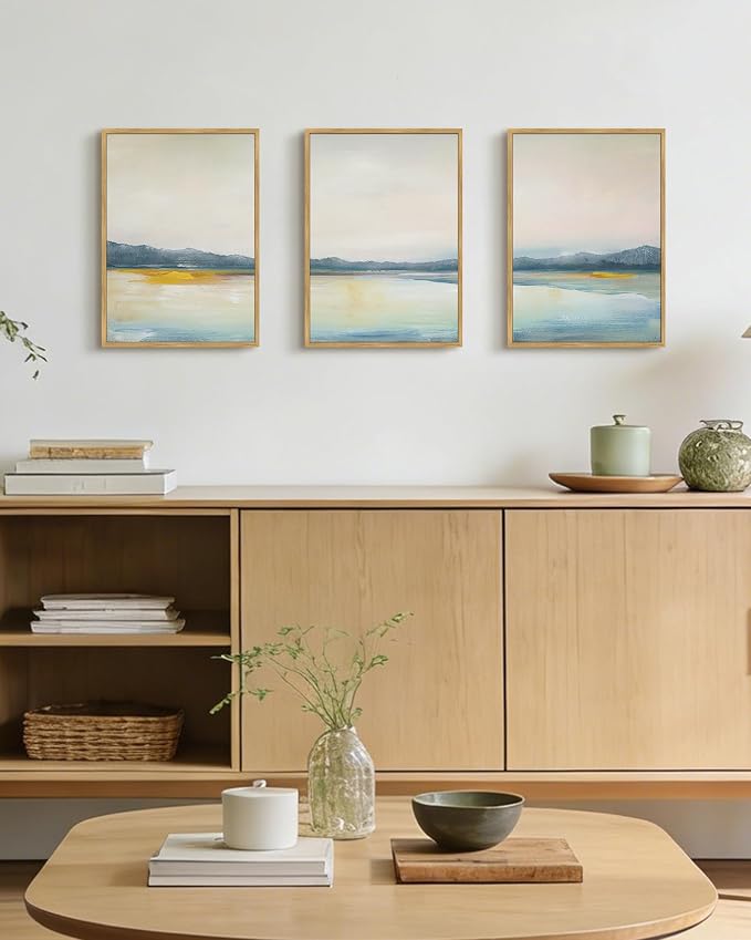 KUVIOKE Abstract Landscape Framed Wall Art Minimalist Neutral Illustrations Modern Art Decorative Nordic Home Decor 12x16in (Natural Framed)
