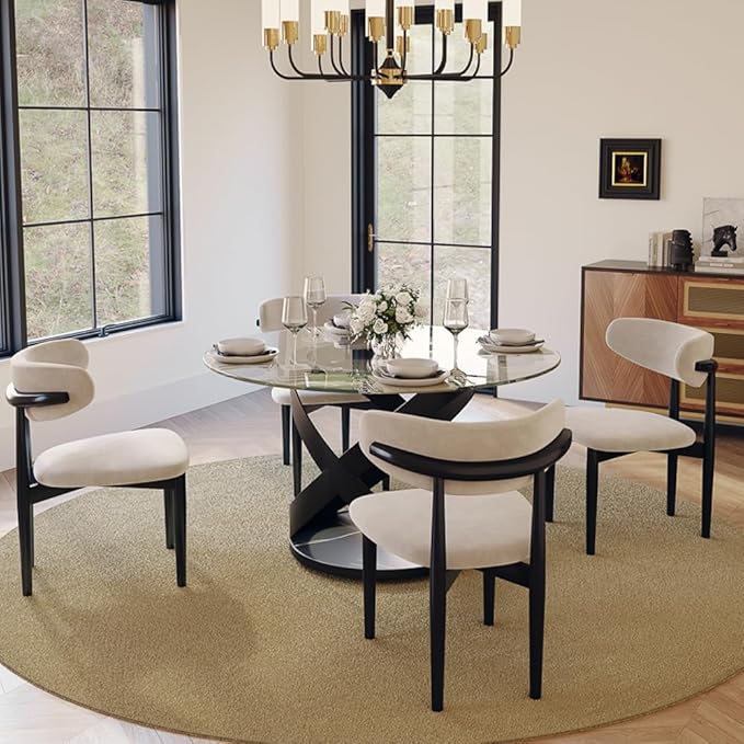 POVISON 51" Modern Round Dining Table, Glass Round Kitchen Table for 4, Tempered Glass Dining Room Table top with Black X Carbon Steel Base (Dining Table Only)