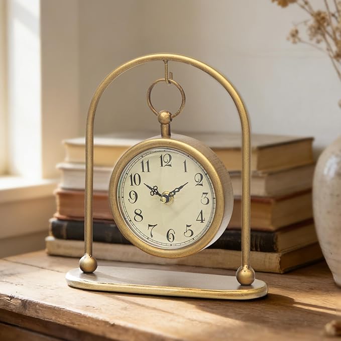 Vintage Small Gold Table Clock, Farmhouse Table Clock, Silent Non-Ticking Battery Operated Desk and Shelf Clocks for Living Room Bedroom Kitchen Home Decor