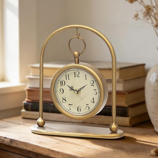 Vintage Small Gold Table Clock, Farmhouse Table Clock, Silent Non-Ticking Battery Operated Desk and Shelf Clocks for Living Room Bedroom Kitchen Home Decor