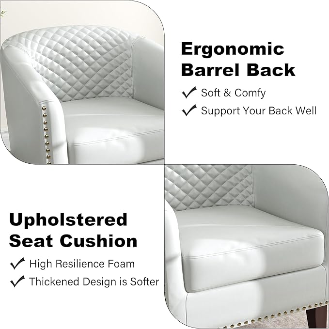 Accent Barrel Chair, Upholstered Faux Leather Club Chair with Nailed Trim, Comfy Reading Armchair for Living Room Bedroom Reception Room Office (White, Set of 4)