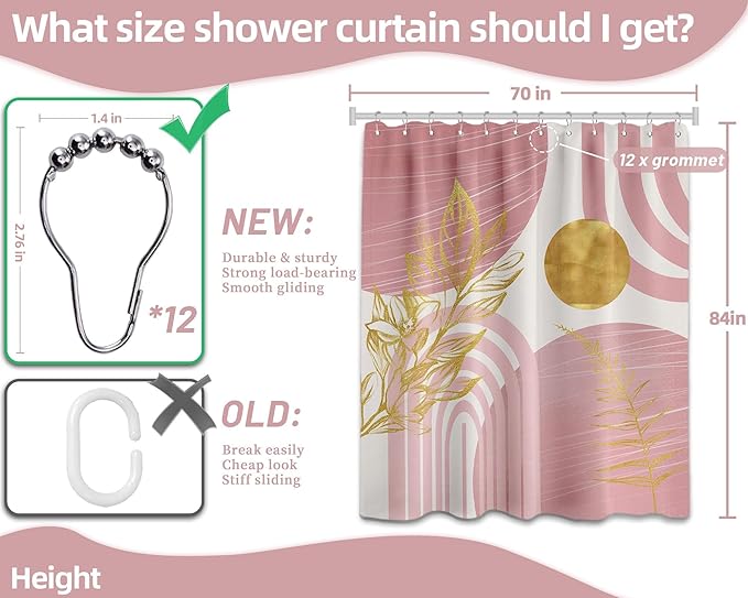 Blush Pink and Gold Shower Curtain Boho Mid Century Light Pink and White Shower Curtains for Bathroom Decor, Waterproof Cloth Fabric with Hooks, 70" W x 84" L