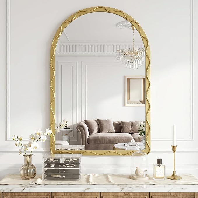 Uniclinens Gold Arched Mirror Decor - Large Vintage Scalloped Mirror Decor with Metal Frame, Wavy Decor Mirror for Nursery,Entryway,Fireplace,Living Room,Hallway,Bathroom,24"X36"