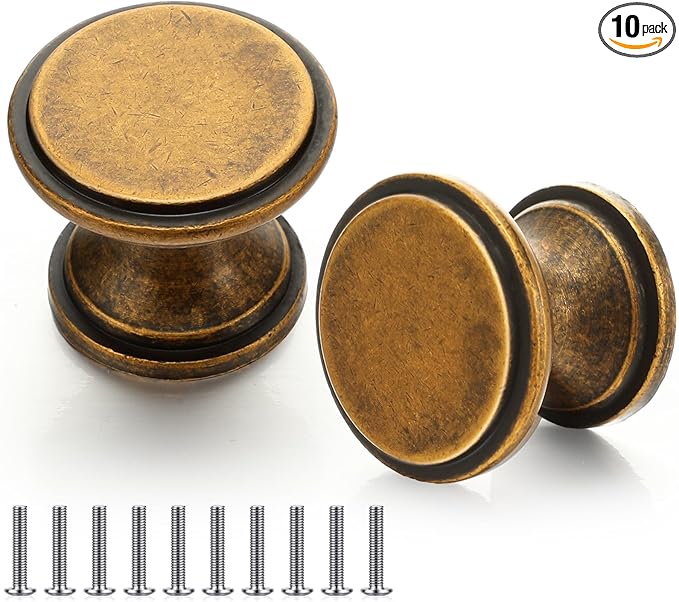 Shimeyao 10 Pack Vintage Antique Brass Cabinet Knobs 1 Inch Round Dresser Knobs Kitchen Drawer Knob Brushed Brass Hardware Single Hole Cupboard Door Knob Dresser Pulls Handles