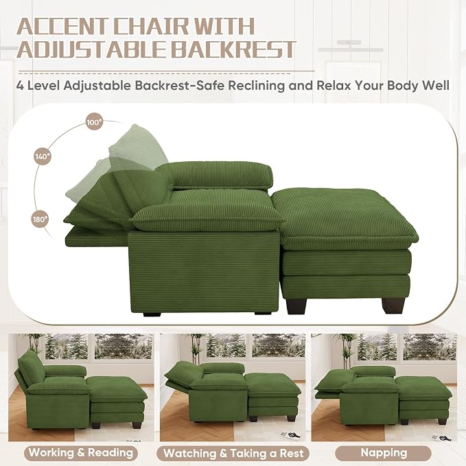Chaise Lounge Chair Indoor, Oversized Accent Chairs with Ottoman, Luxury Corduroy Upholstered Deep Seat Sleeper Sofa Reading Chairs and A Half with Pillows for Living Room, Bedroom, Apartment, Green