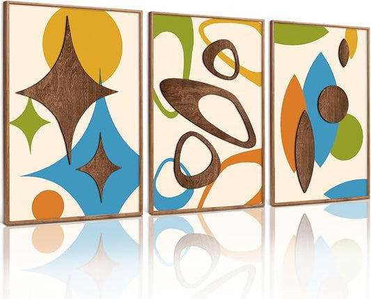 TOARTi 3PCS Framed 3D Mid Century Modern Wall Art Set(16x24inches), Vintage Abstract Geometric Modern Wall Decor, Boho Minimalist Illustration Artwork for Bedroom Bathroom Living Room