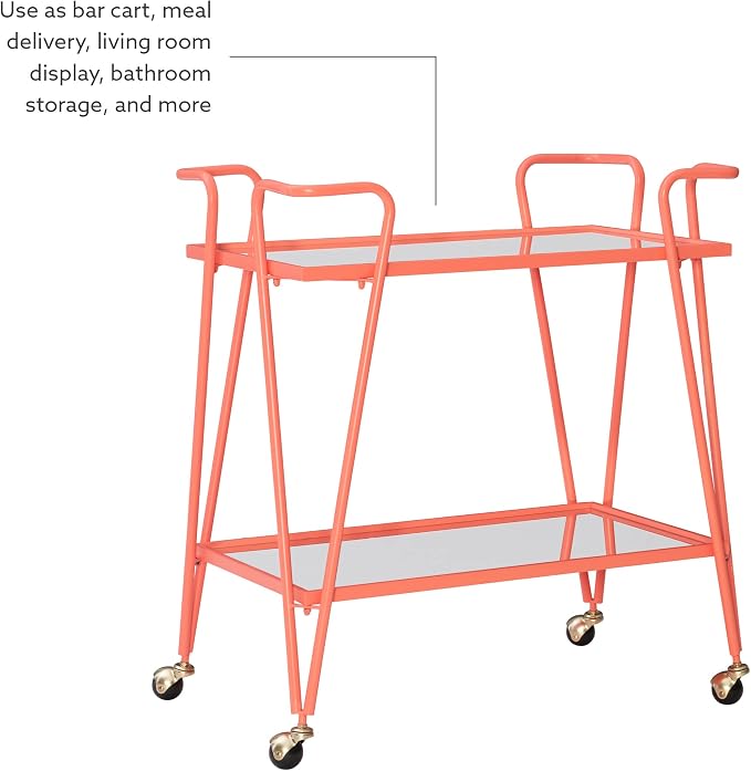 Gina Coral Mid-Century Bar Cart with Mirrored Shelves and Locking Wheels by Linon