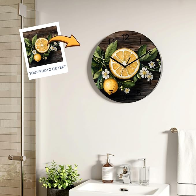 Lemon Flowers Wall Clock Battery Operated Non-Ticking 12" Round Wood Clocks, Vintage Style Kitchen Wall Clock for School Bathroom Living Room Home Office Wall Decor