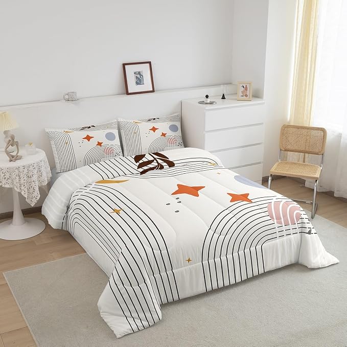 Erosebridal Abstract Red Sun Comforter Set Twin Geometric Lines Bedding Set, Aesthetic Bedding Comforter Sets Vintage Minimalist Duvet, Modern Quilted Comforter Luxury Grey Circle Room Decoration
