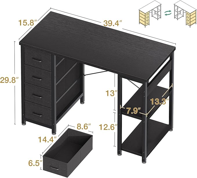 ODK 40 Inch Small Computer Desk with 4 Fabric Drawers, Modern Writing PC Desk for Small Spaces, Study & Home Office Desk with Storage Shelves, Black