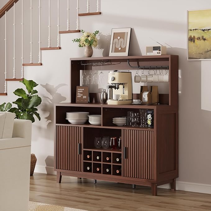 Fluted Buffet Cabinet with Storage, Modern Coffee Bar Cabinet with Outlet, Removable Wine Rack, Multi-Functional Accent Liquor Cabinet for Living Room, Entryway, Kitchen, Walnut