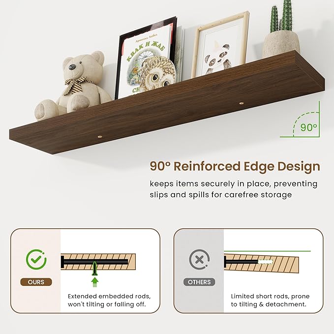 48in Floating Shelves for Wall, 48"W x 9.25"D x 1.25"H, 2 Pack Long Wall Mounted Engineered Wood Shelves with Invisible Brackets for Living Room, Bedroom, Bathroom, Kitchen Decor and Storage, Walnut