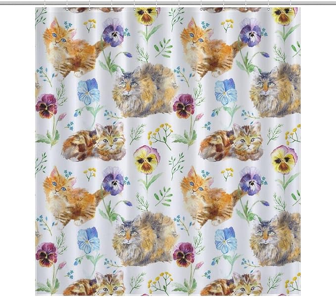 Cat Shower Curtain,Cute Cartoon Colorful Pets Paw Bathroom Curtain Polyester Waterproof Fabric Decor 66x72in（168x183cm）