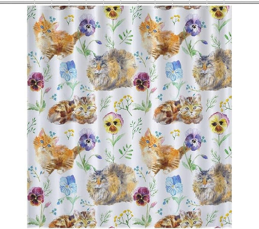 Cat Shower Curtain,Cute Cartoon Colorful Pets Paw Bathroom Curtain Polyester Waterproof Fabric Decor 66x72in（168x183cm）
