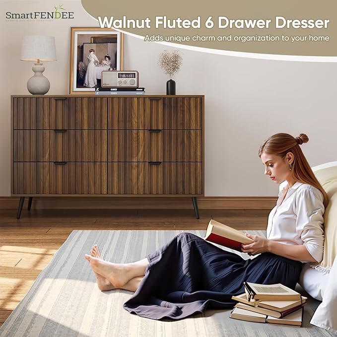 Fluted 6 Drawers Dresser, 47.24" W Modern Chest of Drawers,Wood Farmhouse Dresser Drawer Organizer for Bedroom, Living Room, Hallway, Entryway, Walnut