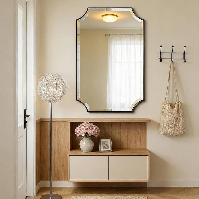 POZINO Rectangle Beveled Mirror, 24"x40" Bathroom Vanity Mirrors for Over Sink, Modern Matte Black Decorative Wall Mirror, Rounded Corner Oblong Mirrors for Living Room Bedroom Fireplace Entryway